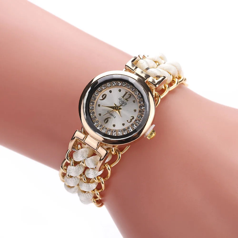 Women Knitting Rope Chain Winding Analog Quartz Movement Wrist Watch Fashionable Simple Style Quartz Wristwatch Reloj Mujer Qme White