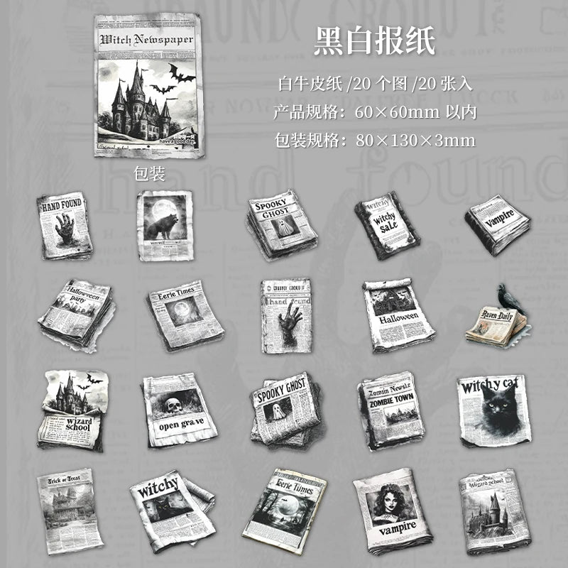 20sheets/bag Witch Newspaper Gothic Theme Stickers for DIY Scrapbooking Phone Case Decoration Birthday Gifts Teaching Rewards Qme 4