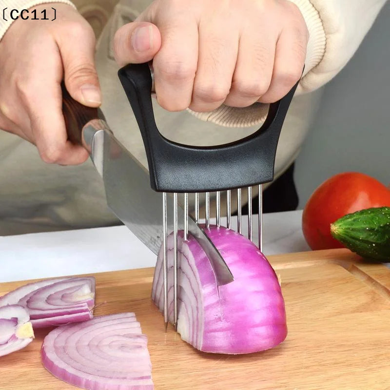 Stainless Steel Onion Cutter Holder Food Slicers Assistant Tomato Qme