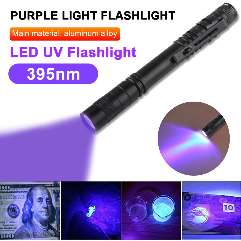 LED UV Flashlight Ultraviolet Torch Mini UV Light Pet Urine Stains Detector Fluorescent Anti-counterfeiting Bill Seal Detector Qme