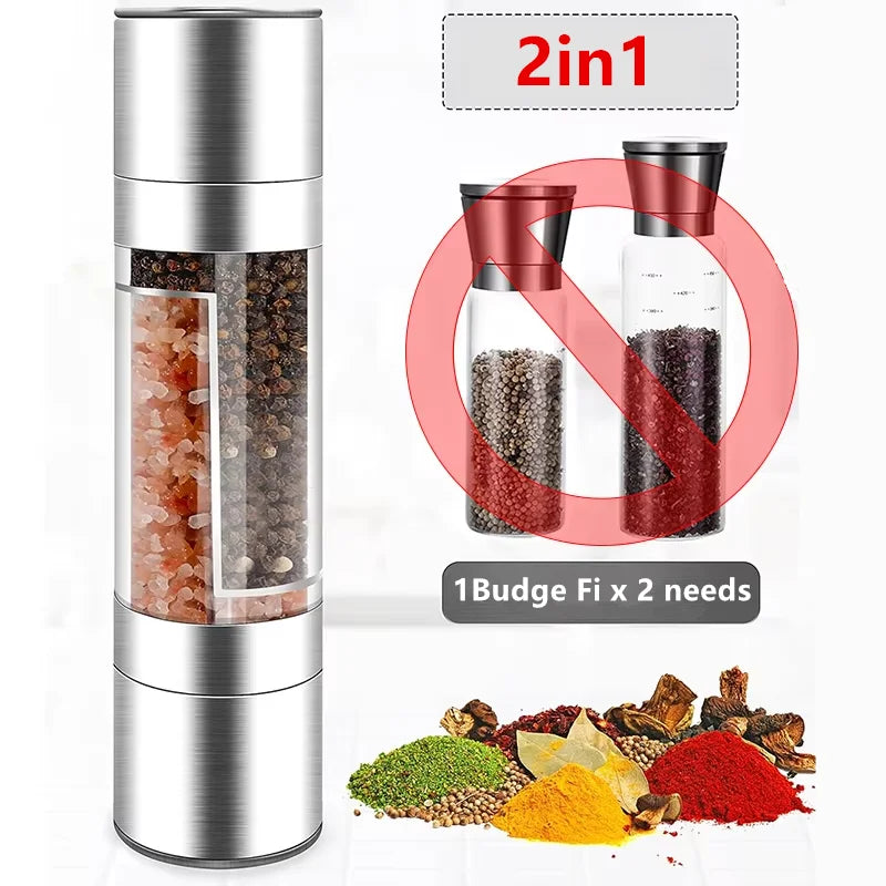 Salt And Pepper Grinder 2 in 1 Manual Stainless Steel Salt Pepper Mills With Adjustable Plastic Grinding Spice Mill Kitchen Tool Qme