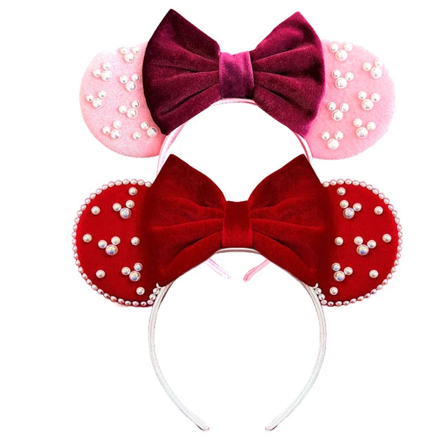 White Pearls Mickey Ears Hair Accessories for Girls Solid Color Soft Cotton Bow Headbands Women Minnie Mouse Hair Accessorie Qme Headband 9