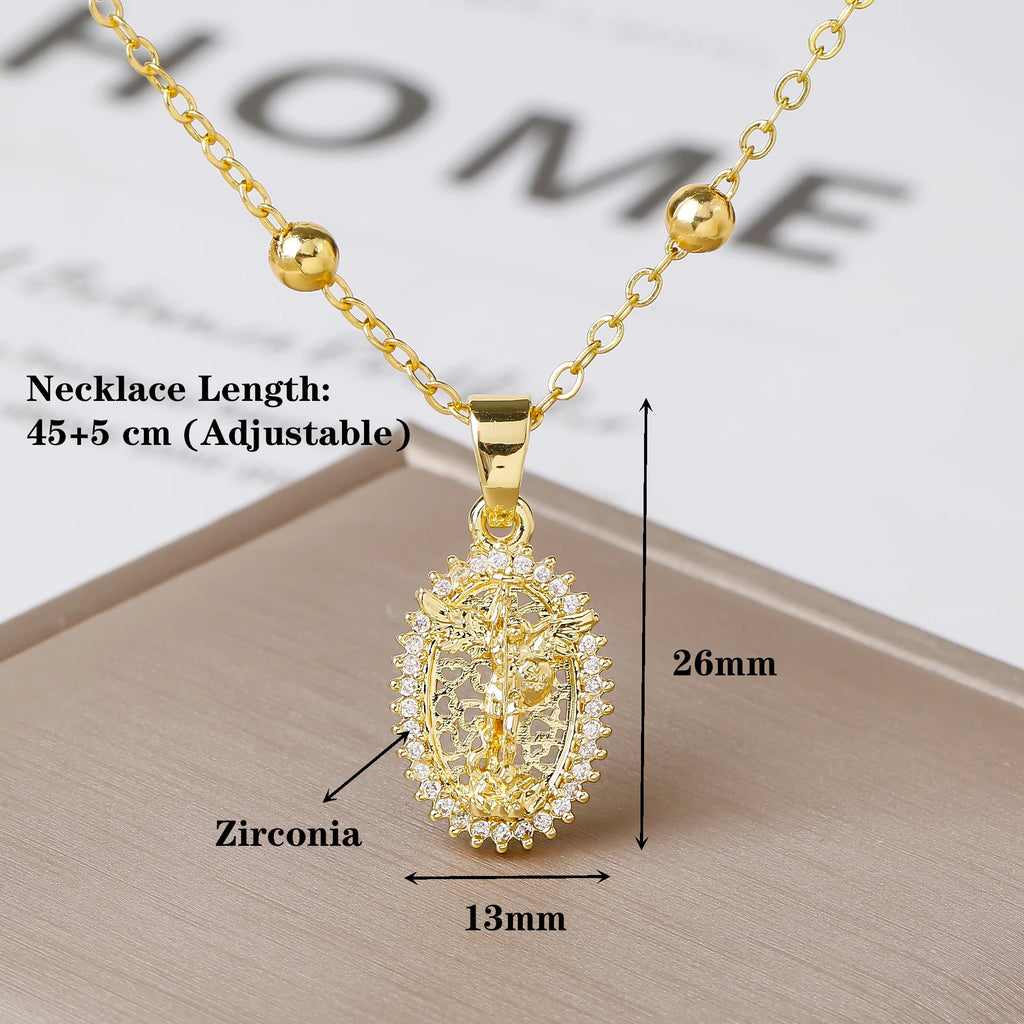 Gold/Rose Gold Virgin of Guadalupe Oval Pendant Necklace Rhinestone Filigree Hollow Religious Catholic Necklace for Women Gift Qme
