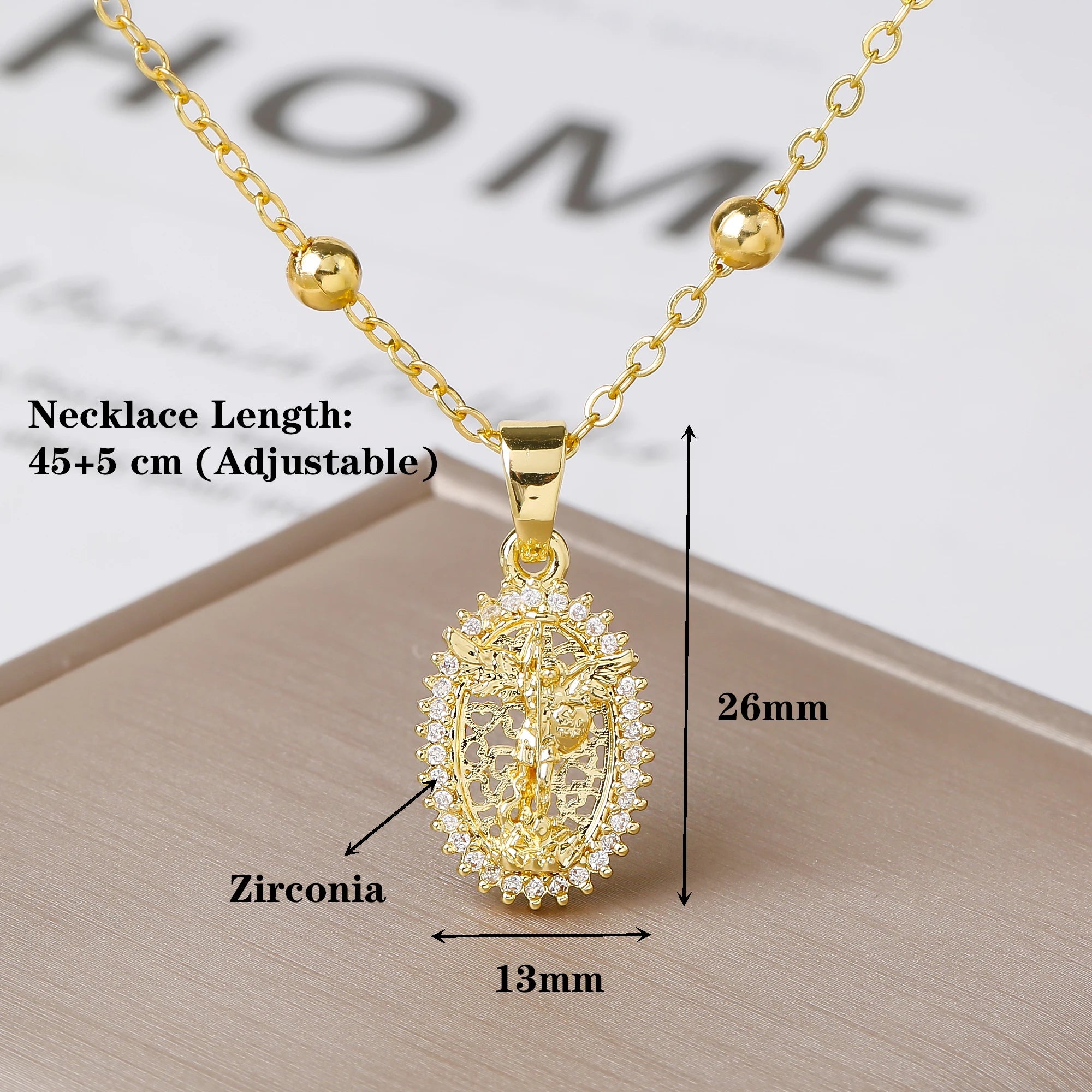 Gold/Rose Gold Virgin of Guadalupe Oval Pendant Necklace Rhinestone Filigree Hollow Religious Catholic Necklace for Women Gift Qme