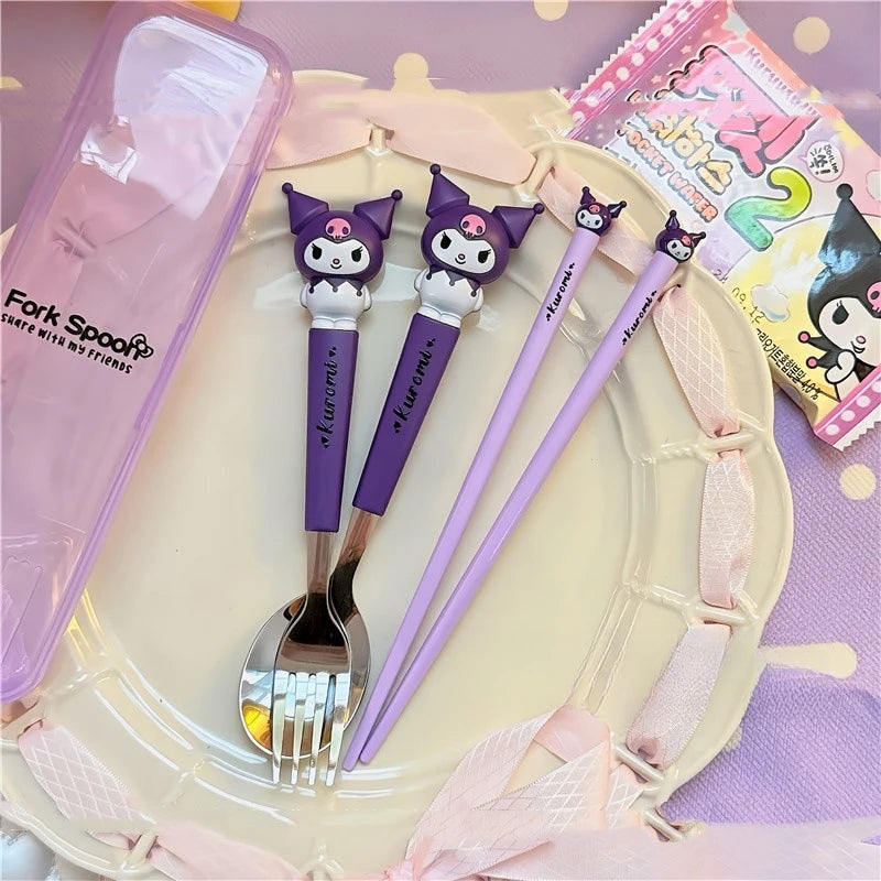 Hello Kitty Cartoon Children's Tableware Spoon Portable Two-Piece Set for Students Stainless Steel Fork and Spoon Set Qme