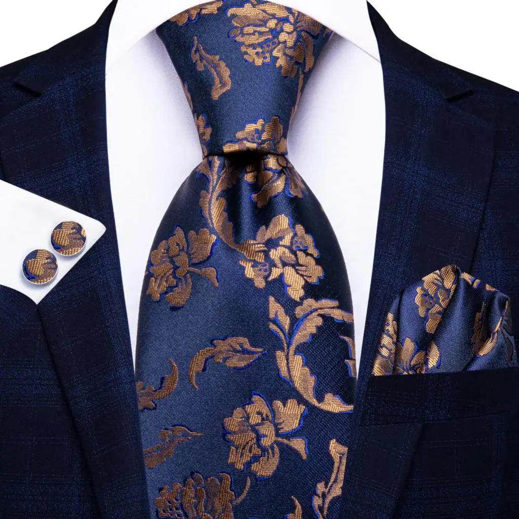 Hi-tie Navy Blue Floral Striped Silk Elegant Tie Men Groom Wedding