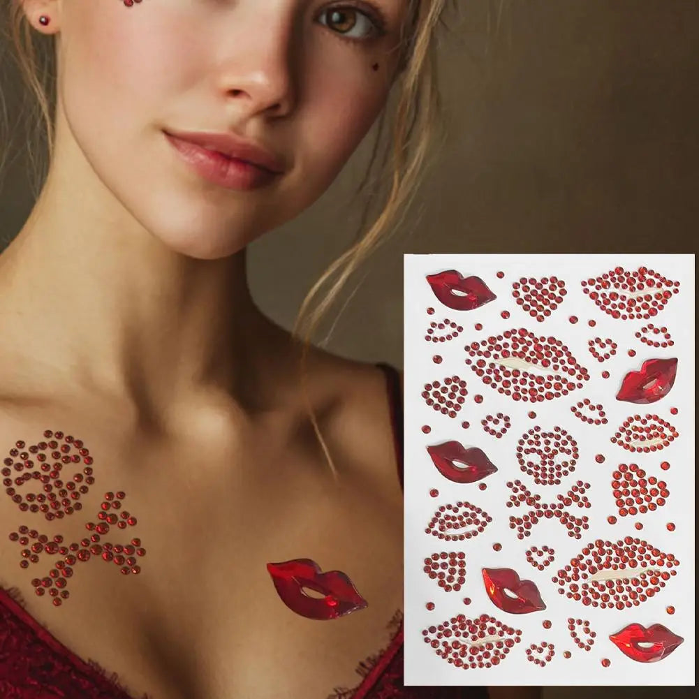 Red Heart Lips Rhinestone Tattoos Self-adhesive Glitter Face Body Qme