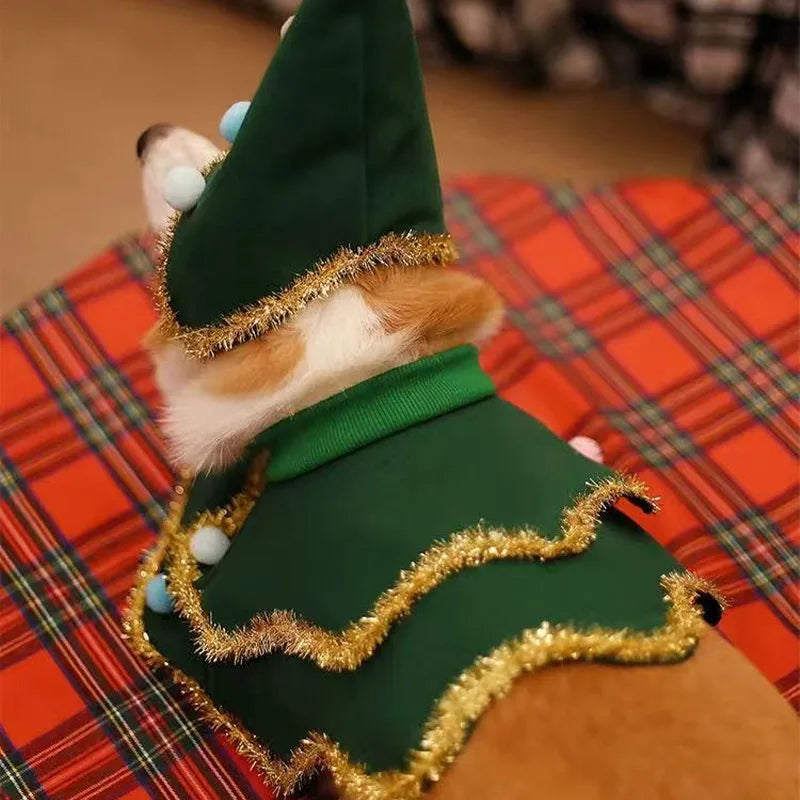 Pet cat and dog Christmas cloak with hat, stars and fluffy balls, suitable for small and medium-sized dogs during Christmas Qme