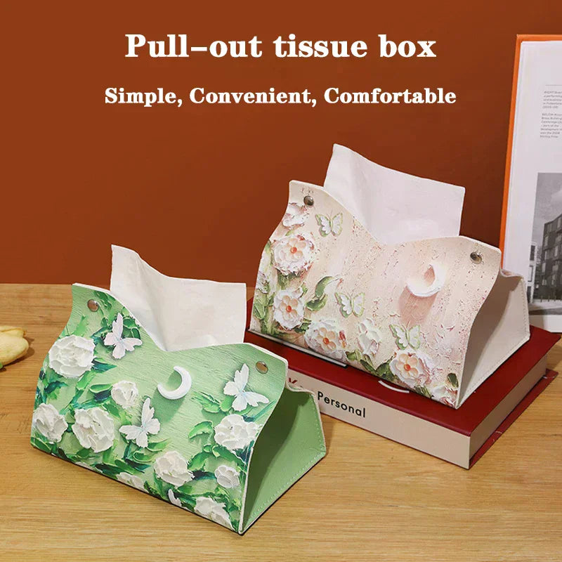 Oil Painting Style Flowers Tissue Box Creative Tabletop Napkin Box For Home Living Room Qme