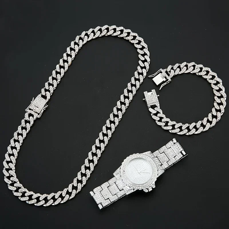 3pcs/set, Men's Rhinestone Wrist Watch & Necklace Bracelet Set, Couple Watch Gift Qme