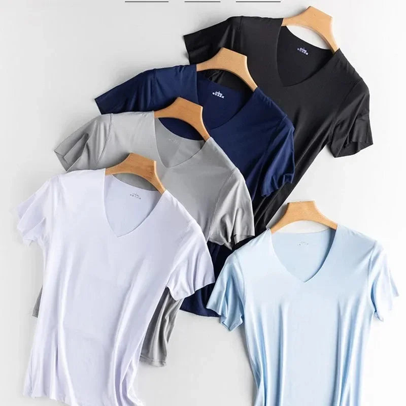 Men's Ice Silk Thin Cool Feeling V-Neck Large Size Men T-Shirt Short Sleeve Loose T-Shirt Solid Color for Male Tops Tees Qme