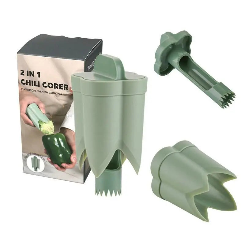 2-in-1 Fruit Pepper Corer Seed Removing Tool Portable Kitchen Utensil Qme Green