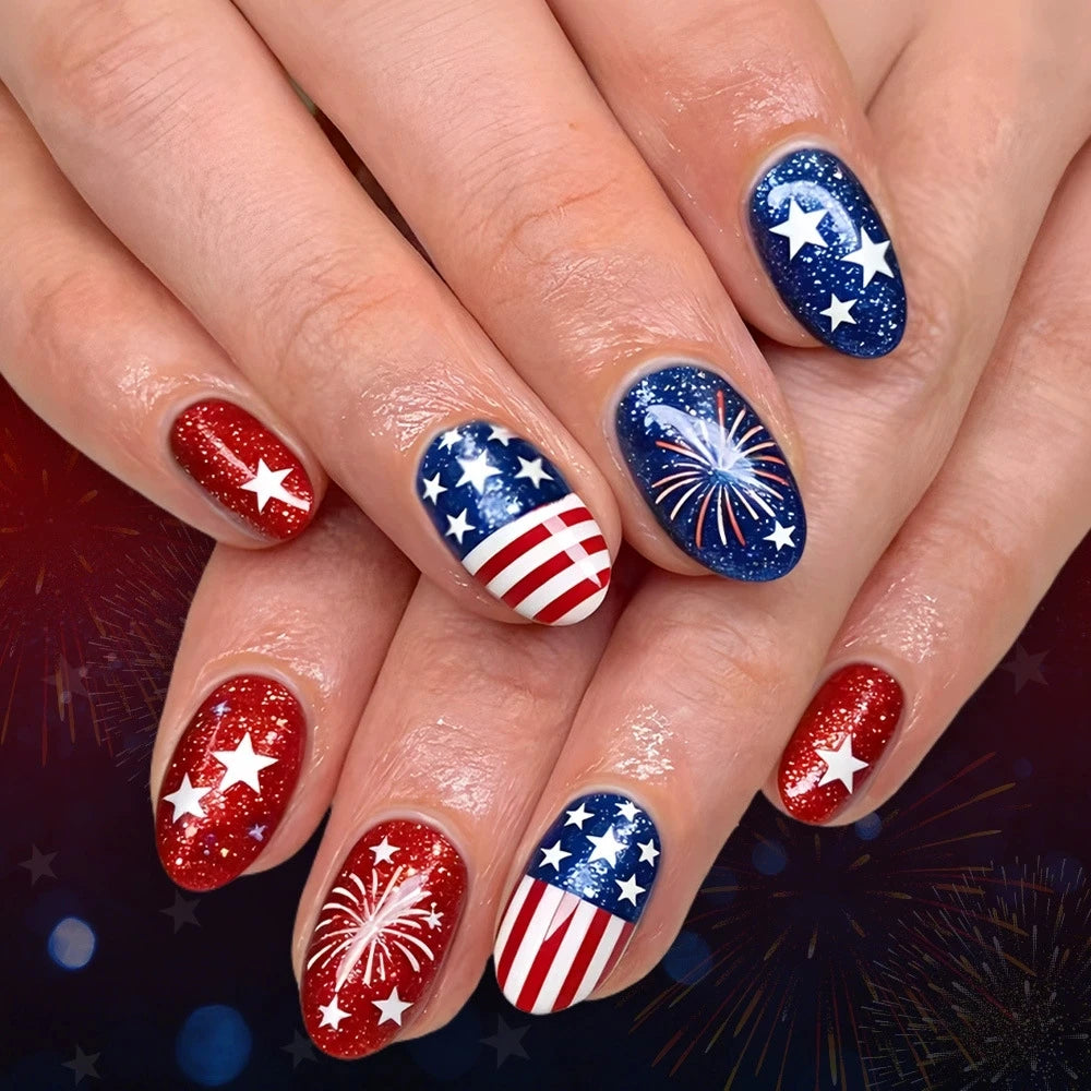 Independence Day Short Oval Nail Tips Glitter Star Firework Press On Nails Removable Reusable Fake For Women Daily Party Qme