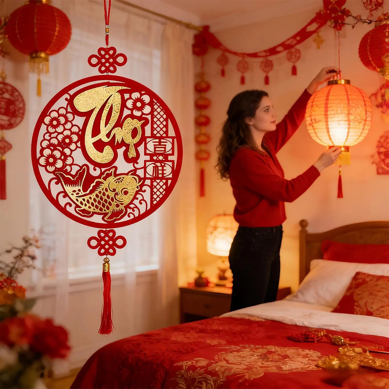 Chinese New Year Decorations 2026 New Year Auspicious Decor Flocking Tree Ornaments Festival Charm for Home Office Car Door Wall Qme