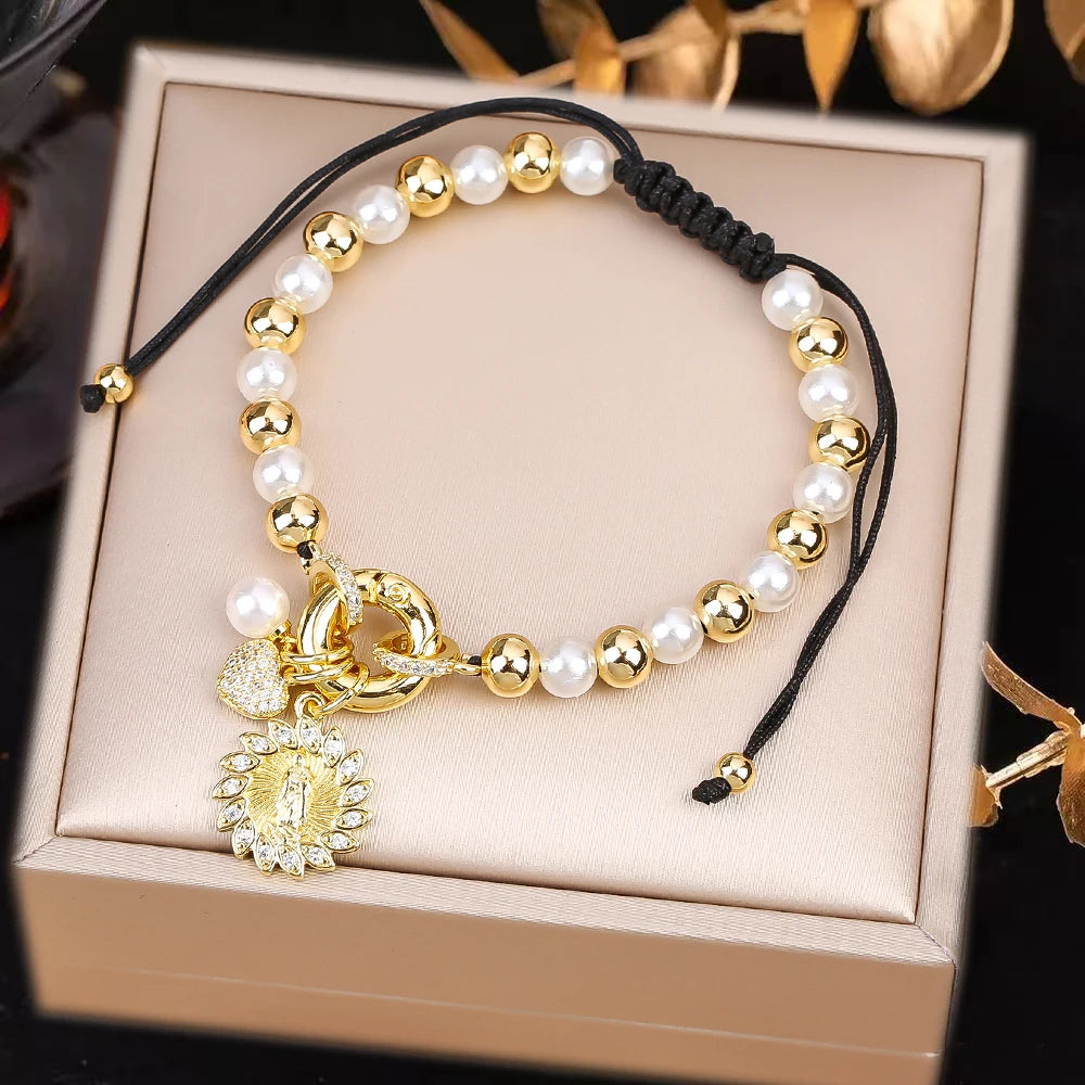 New Design Pearl Copper Braided Virgin Mary Zirconia Black Rope Bracelet Fashion For Woman Daily Party Jewelry Religious Gift Qme E