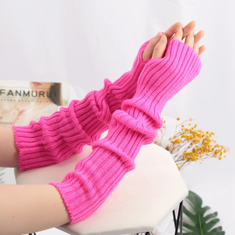 Women Long Fingerless Gloves Soft Female Glove Lolita Kawaii Mitten Qme Rose Red length-52cm