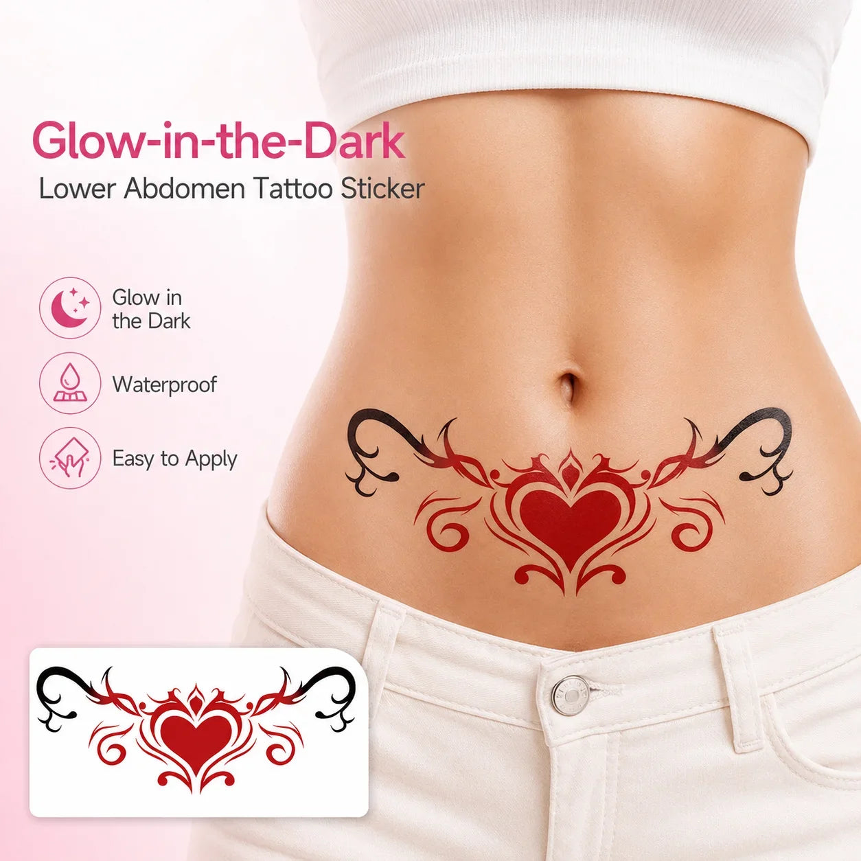 Disposable Tattoo Sticker Temporary Tattoo Glow in the Dark Tattoo Sticker, Red Heart Scroll Belly Art Qme