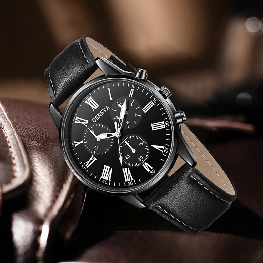 4Pcs Spear Arrow Men Watch Jewelry Set Black Leather Chronograph Wristwatch Cuban Leather Bracelet Arrow Necklace Ring Gift For Qme