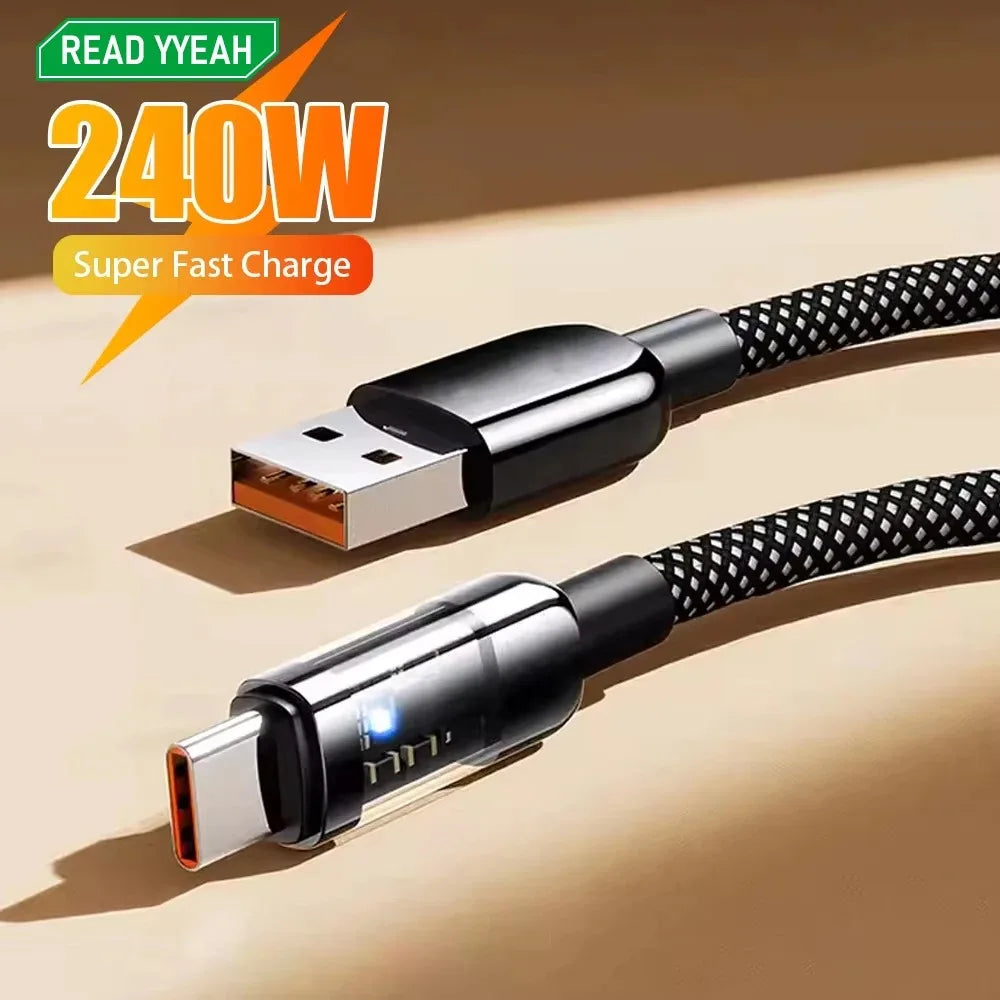 240W Fast Charging Line 10A USB A To Type C Interface Nylon Braided Transparent Type C Highspeed Charger Wire For iPhone Samsung Qme