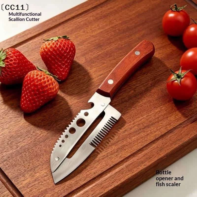 Multifunctional Stainless Steel Onion Cutter Wood Handle Bottle Qme