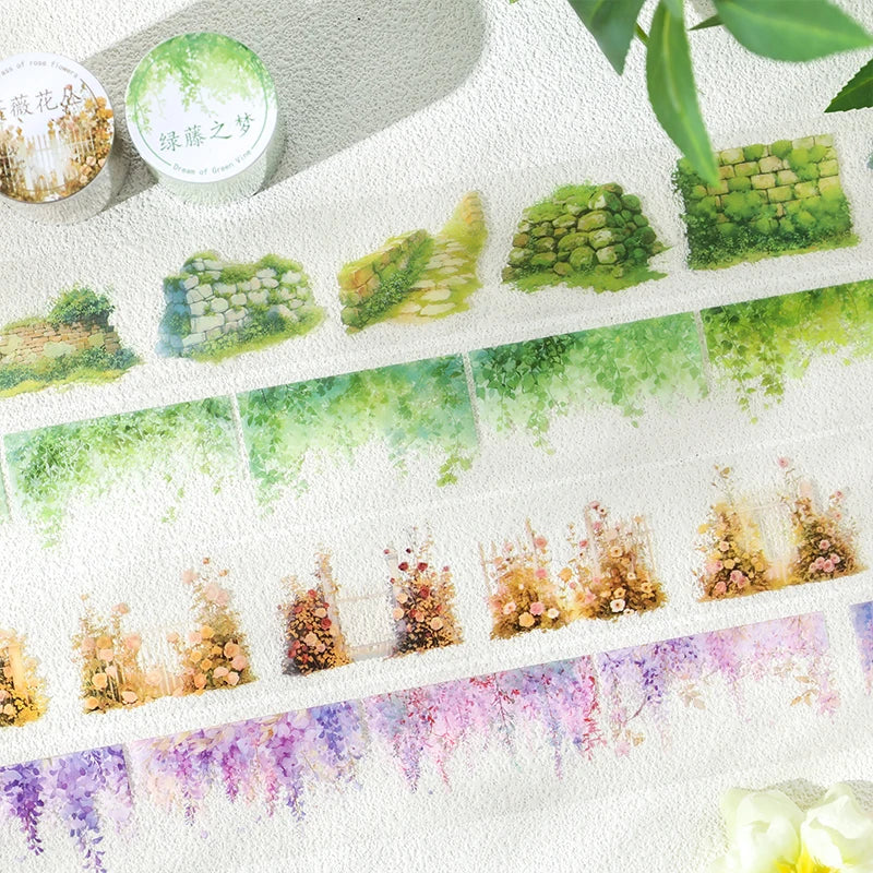 2m/Roll Greenfield Flower Wall PET Landscaping Tape DIY Handbook Decorative Scrapbooking Stickers Student Stationery Supplies Qme