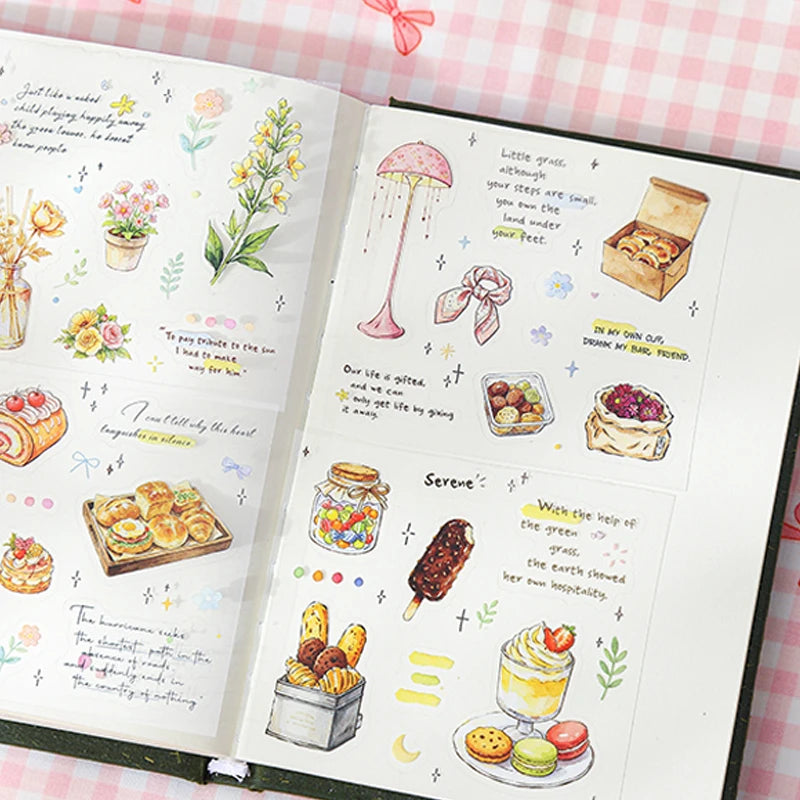 Vintage Cute Pre-Cut Food & Floral Sticker Book, Decor Stickers for Junk Journals, Phone Cases & Photo Albums Qme