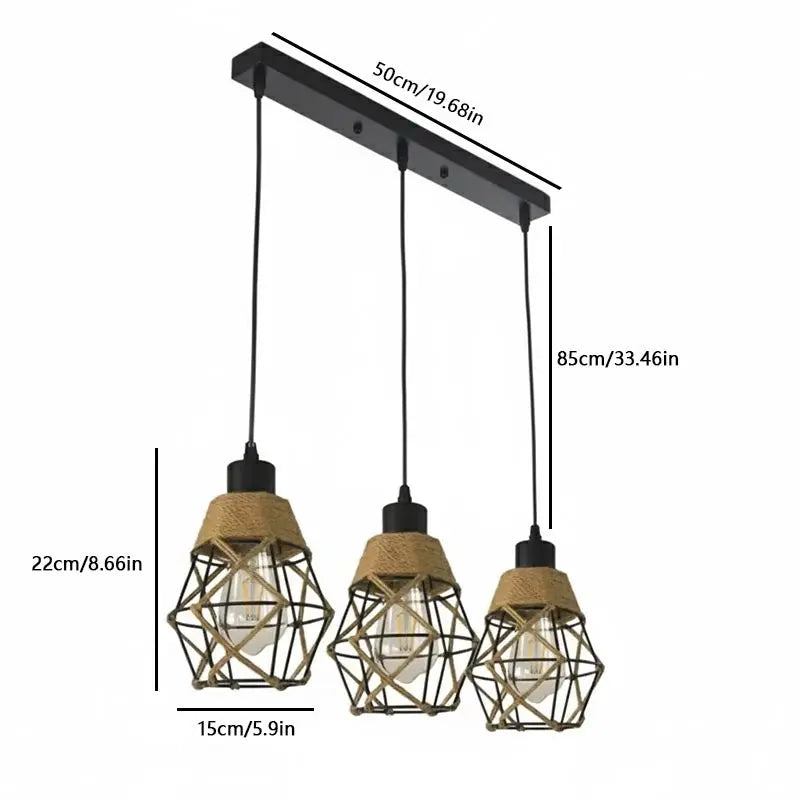 Vintage Hemp Rope Pendant Light Retro Loft Industrial Lighting Hanging Lamp Chandeliers Home Living Room Kitchen Decor Lampshade Qme 3light-Long