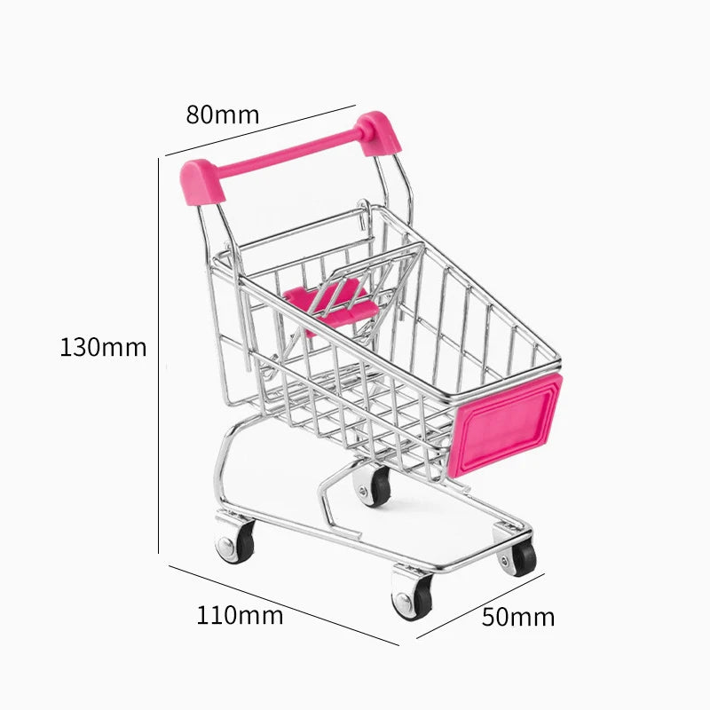 Children's Mini Simulation Shopping Cart Model Hand Cart Metal Model Storage Car Desktop Multifunction Storage Ornament Model Qme Rose Red