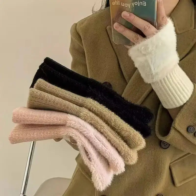 1Pair Warm Cold-proof Half-finger Gloves Women Autumn Winter Qme