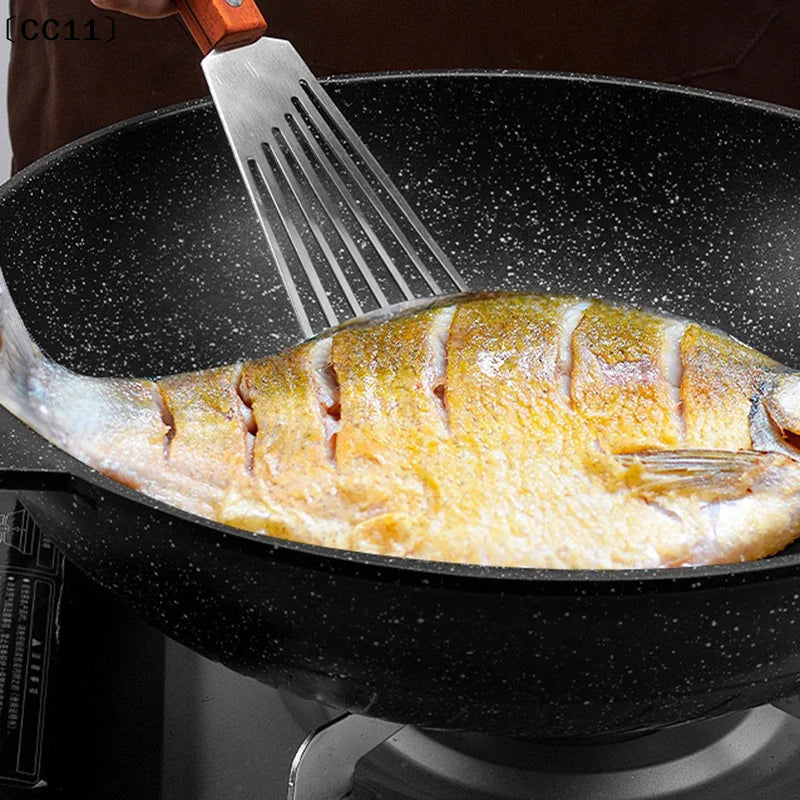 Stainless Steel Fish Frying Shovel Wooden Handle Fan-shaped Household Qme