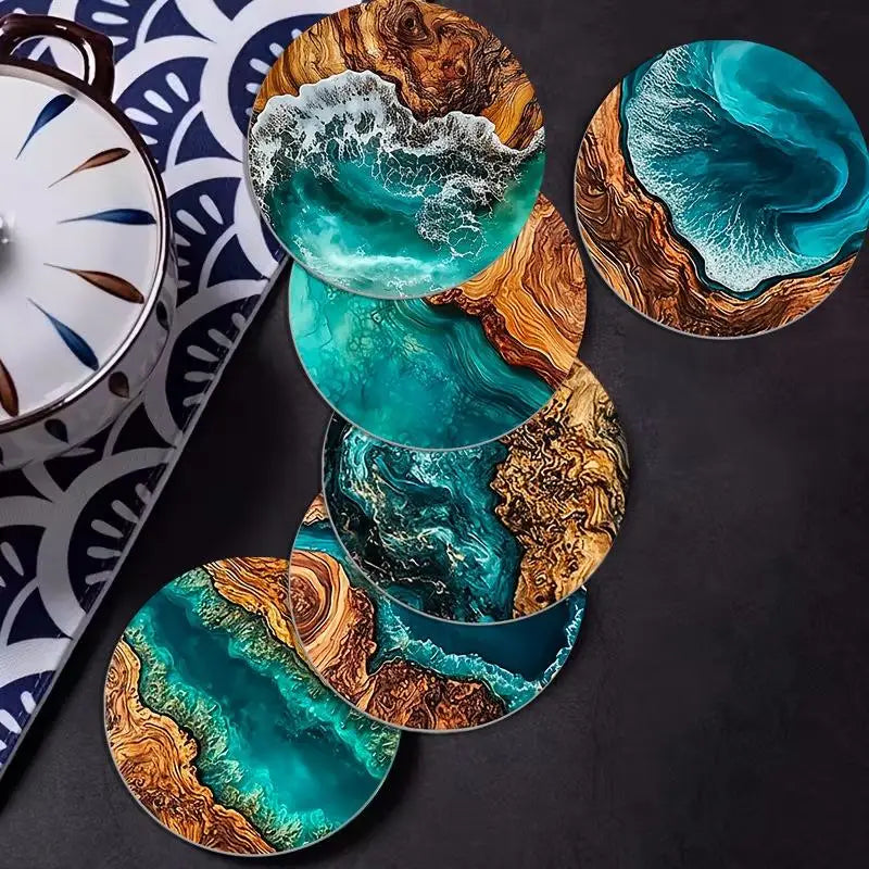 Coffee Tea Mugs Beach Theme Home Decor Ocean Wave Wood Grain Coasters Qme
