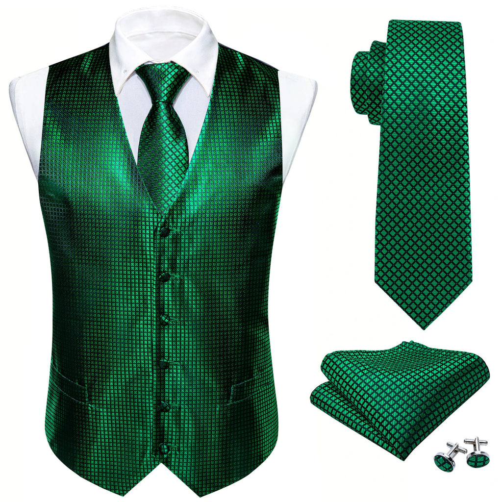 Men's Purple Green Vest & Tie Hanky Cufflinks Set – Formal Paisley Plaids Waistcoat for Weddings Events Party Gift Qme