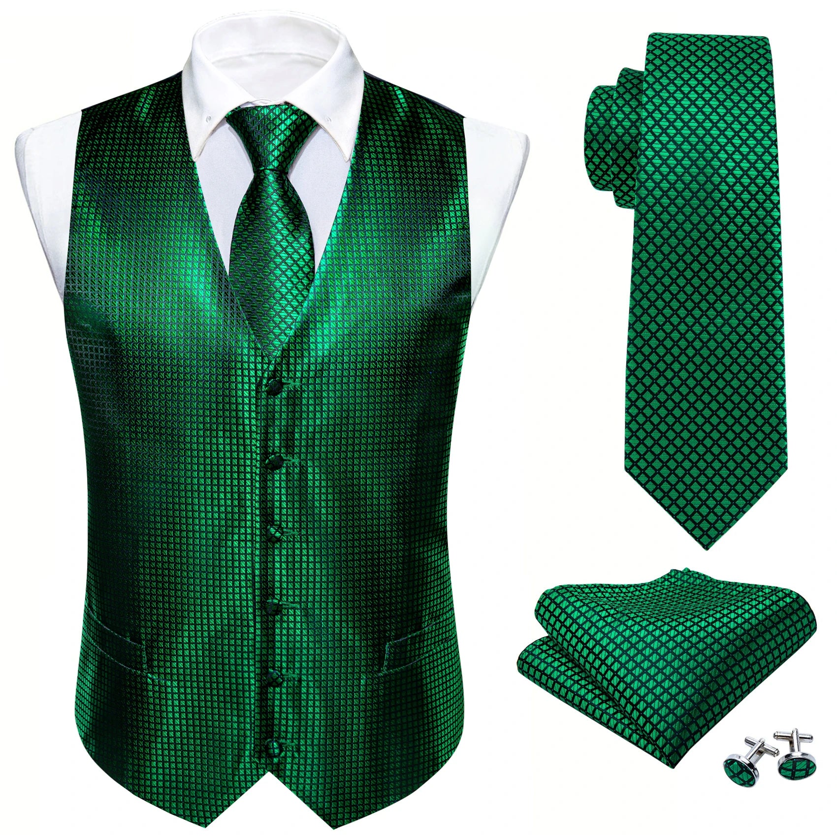 Men's Purple Green Vest & Tie Hanky Cufflinks Set – Formal Paisley Plaids Waistcoat for Weddings Events Party Gift Qme