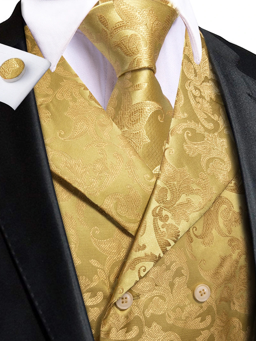 Elegant Golden Yellow Red Floral Jacquard Waistcoat Men Perfect Qme