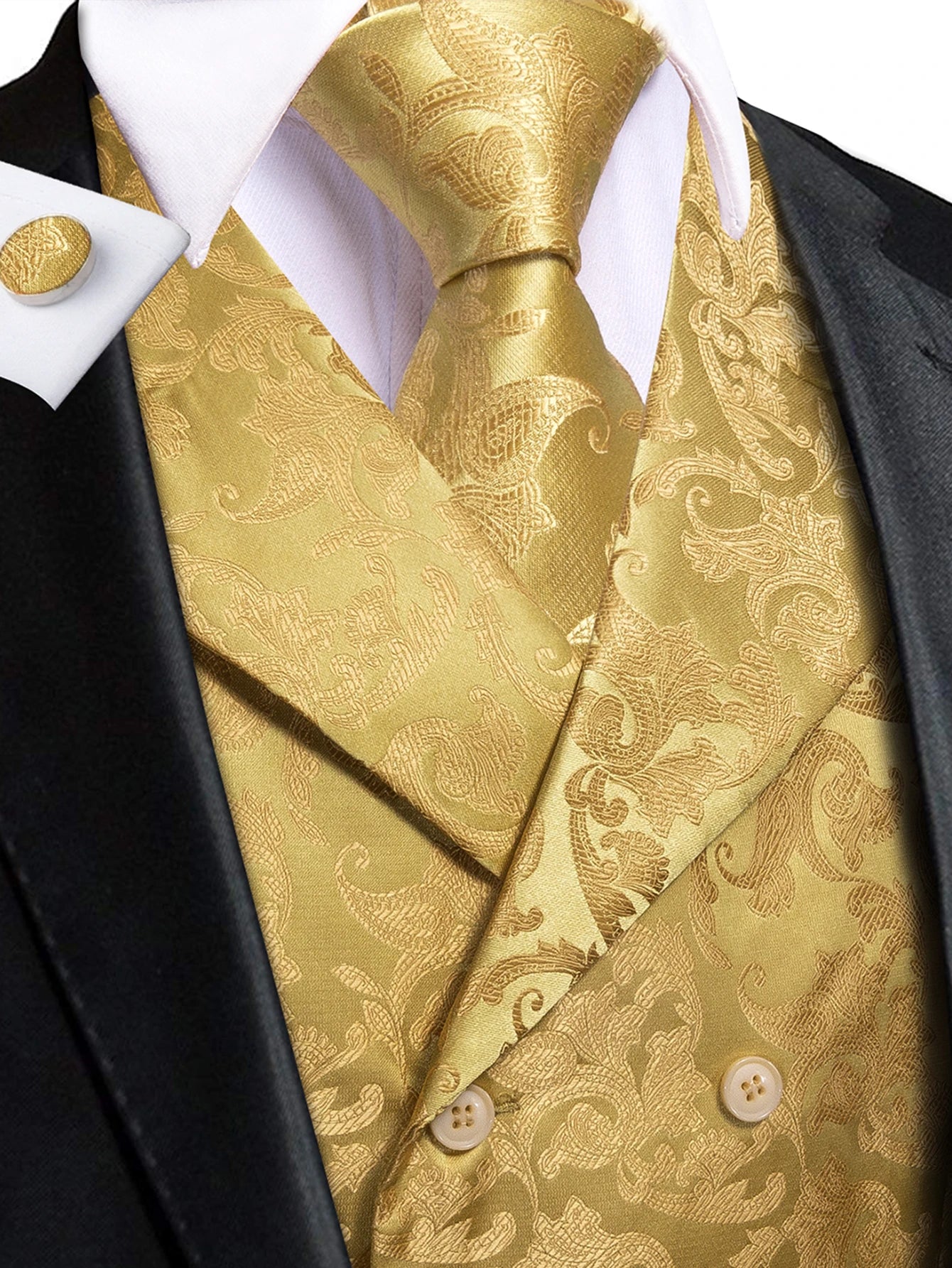 Elegant Golden Yellow Red Floral Jacquard Waistcoat Men Perfect Qme