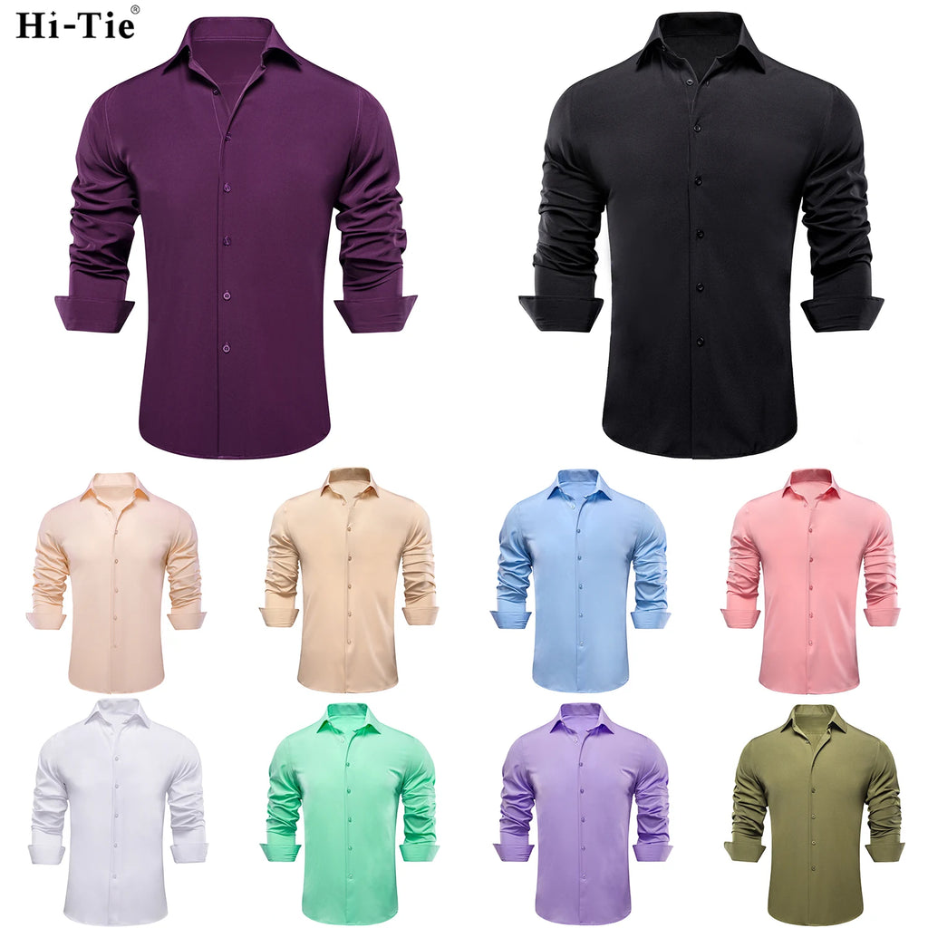 Hi-Tie Jacquard Solid Black Purple Mens Silk Shirt Long Sleeve Lapel Shirt Blouse Outerwear Wedding Office Breathable Quality Qme