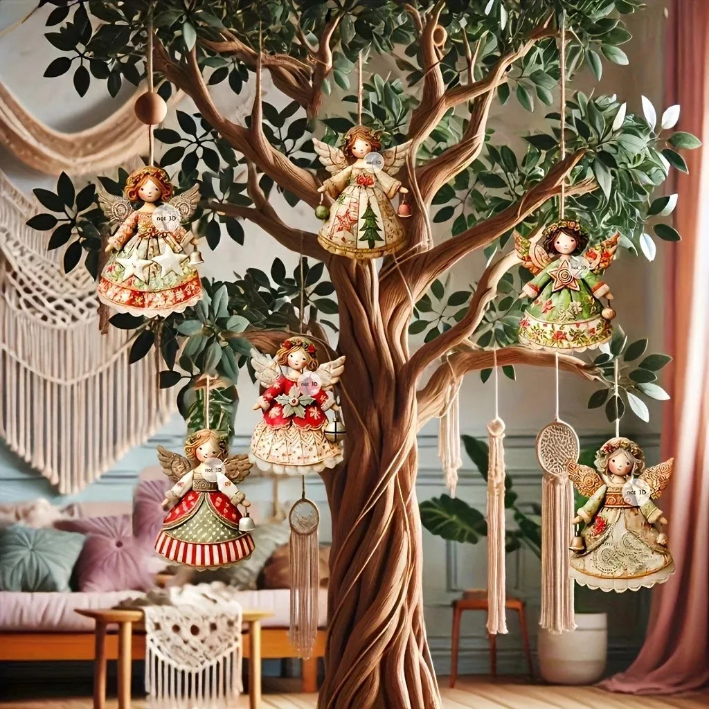 6-24pcs Rustic Retro Christmas Angels Decor Doll Pendant Wooden Angels Hanging Christmas Tree Ornament Christmas Angel Pendant Qme