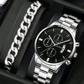 2026 2pcs Fashion Business Geneva Calendar Watch Personalized Men's Steel Belt Watch Business Set Qme Silver Black