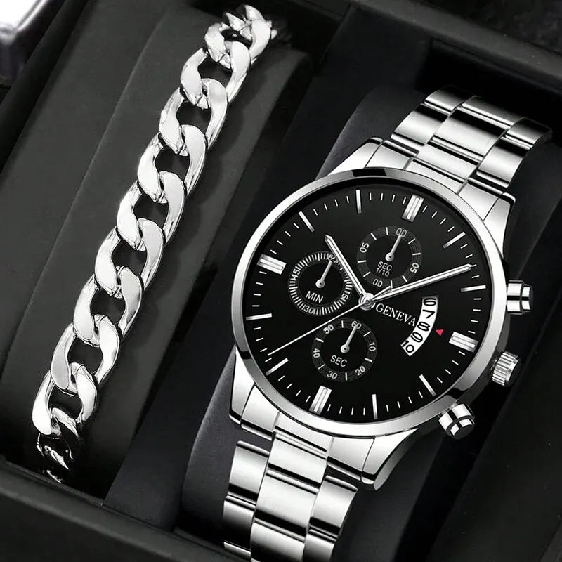 2026 2pcs Fashion Business Geneva Calendar Watch Personalized Men's Steel Belt Watch Business Set Qme Silver Black