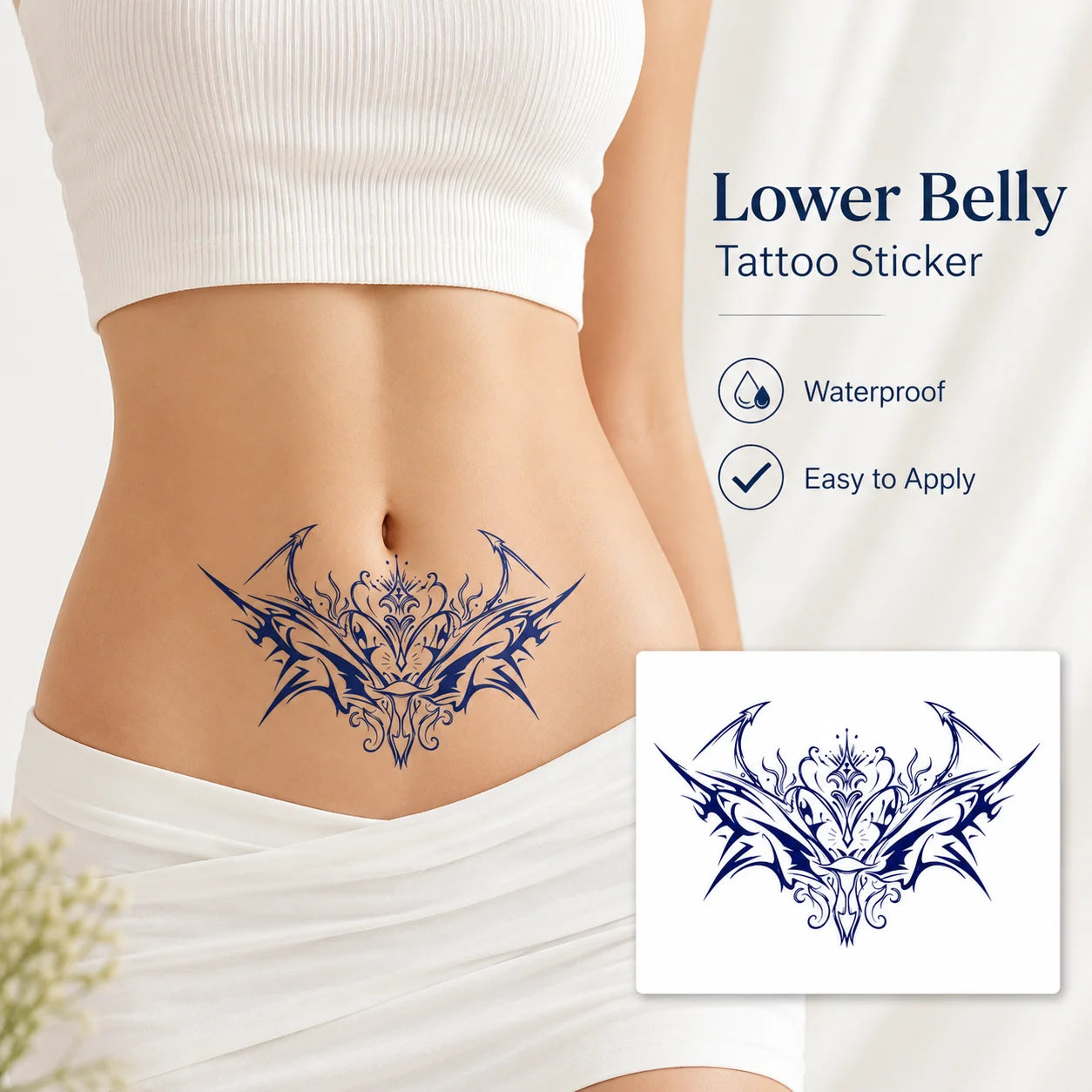 Disposable Tattoo Sticker, Temporary Tattoo for Lower Belly, Waterproof Easy Apply Body Art for Women, Elegant Blue Tribal Desig Qme