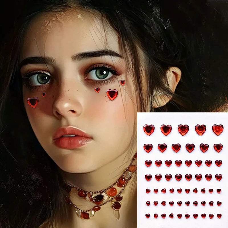 57Pcs/sheet Heart Rhinestone Face Jewels Stickers 3D Multicolor Self-Adhesive Gems For DIY Festival Party Eye & Face Makeup Deco Qme Red