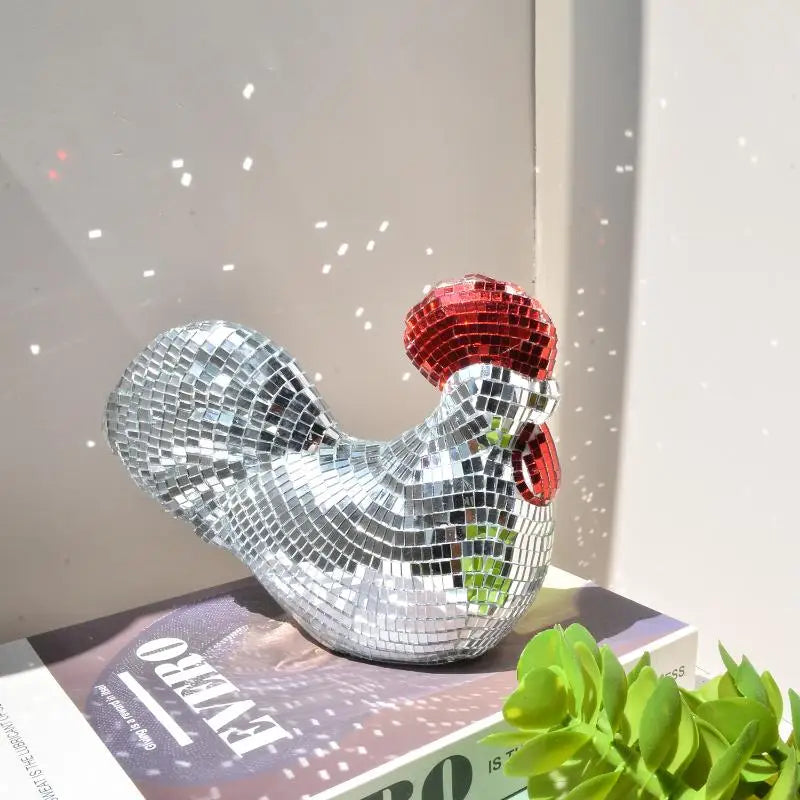 Creative Mirror Chicken Sculptures Statue Disco Ball RoosterShape Home Decor Ornaments Party Supplies Birthday Decorations Qme