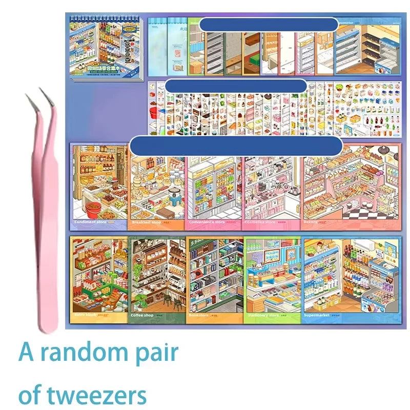 1 sticker+1 pair of tweezers creative fun collection sticker book 3D miniature scene stacking handmade DIY decorative stickers Qme A