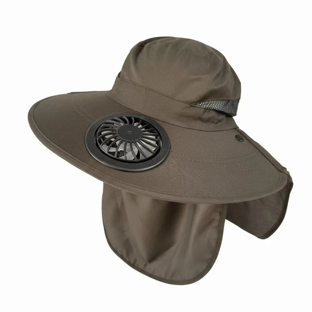 Portable Rechargeable Fan Hat Adjustable Long-lasting Fishing Sun Shading Hat with Face Cover 300mA Wide Brim Fan Hat Travel Qme Green