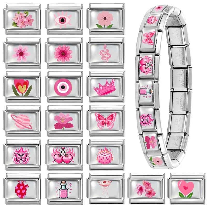 Wholesale Fashion Pink Love Heart Butterfly Planet Dice Cherry Italian Charm Links Fit 9MM Stainless Steel Bracelet DIY Making Qme