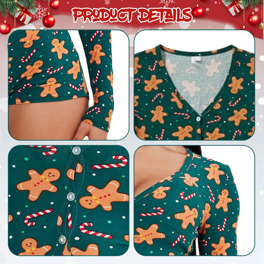 Women's Christmas One Piece Long Sleeve Jumpsuit Gingerbread Printed Romper Pajamas V-Neck Shorts Jumpsuit Cosplay Costume Qme