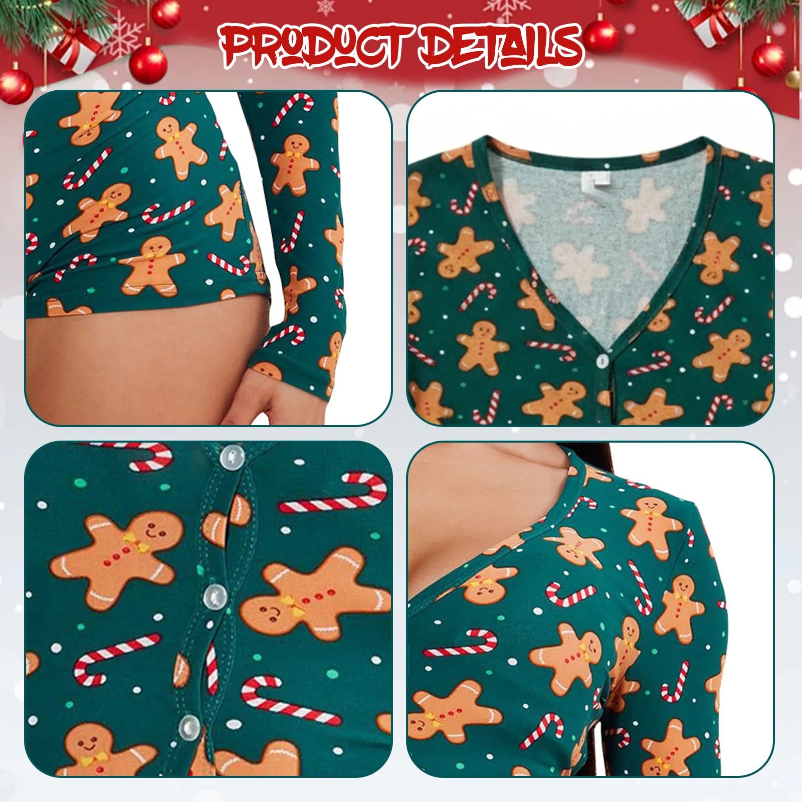 Women's Christmas One Piece Long Sleeve Jumpsuit Gingerbread Printed Romper Pajamas V-Neck Shorts Jumpsuit Cosplay Costume Qme