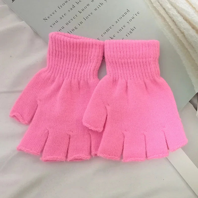 New Black Half Finger Fingerless Gloves for Women and Men Knit Wrist Cotton Pink Hand Gloves Winter Warm Workout Work Mittens Qme pink One Size