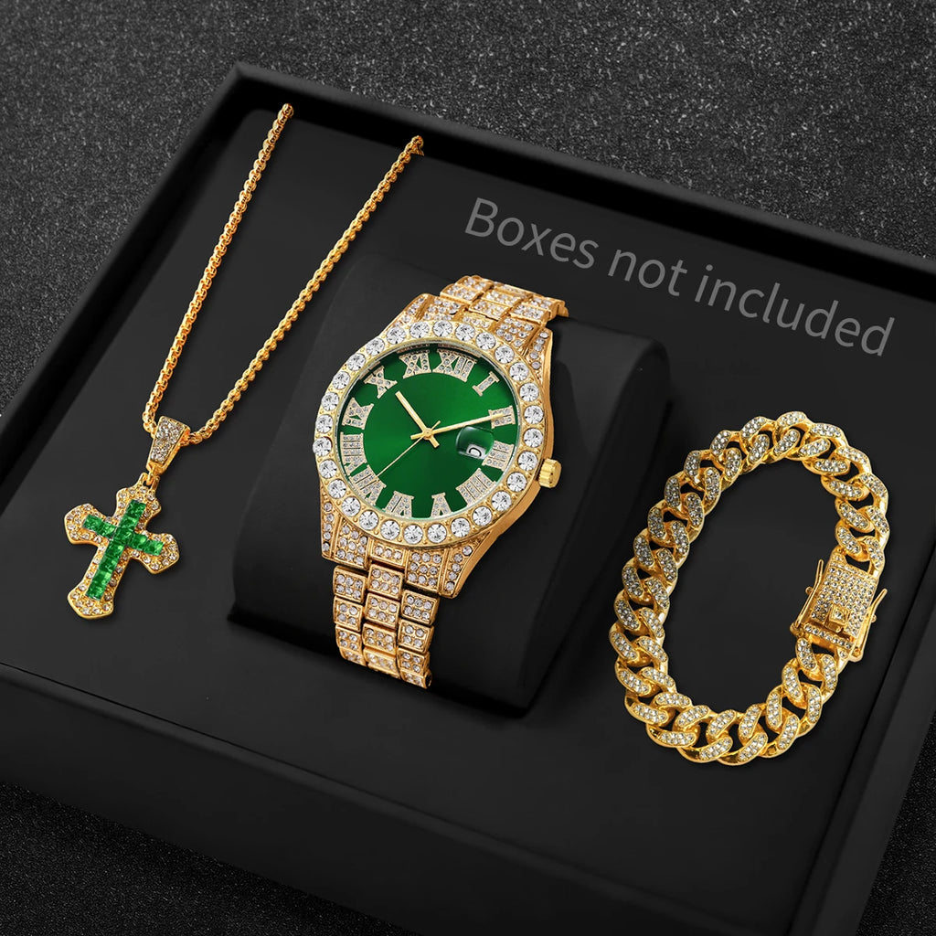 Silver Full Rhinestone Blue Roman Calendar Men Watch With Cross Necklace Bracelet Qme Gold Green No Box