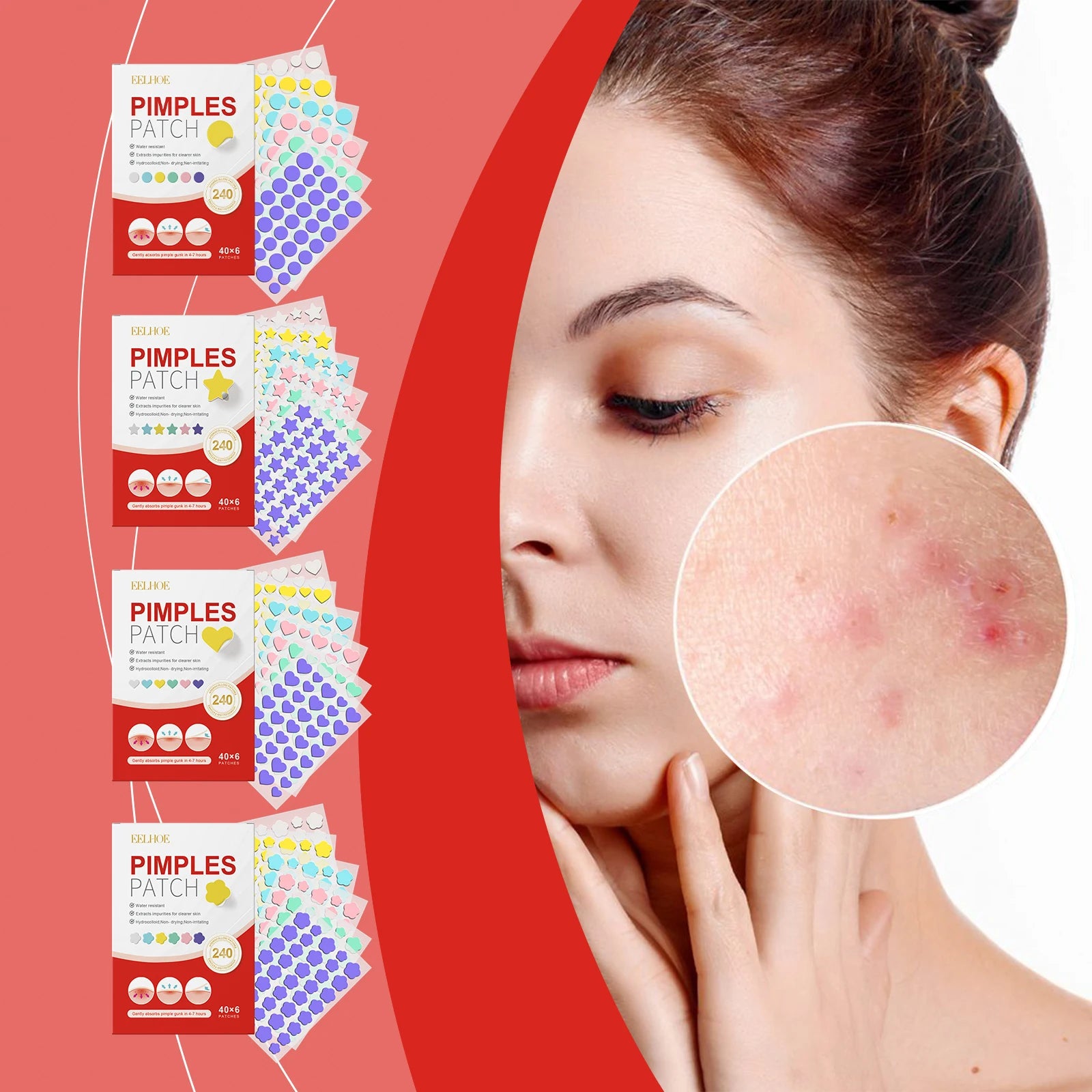 240Pcs Salicylic Acid Acne Pimple Patches Colorful Round/Heart/Flower/Star Shape Acne Removal Skin Care Stickers Covering Zits Qme